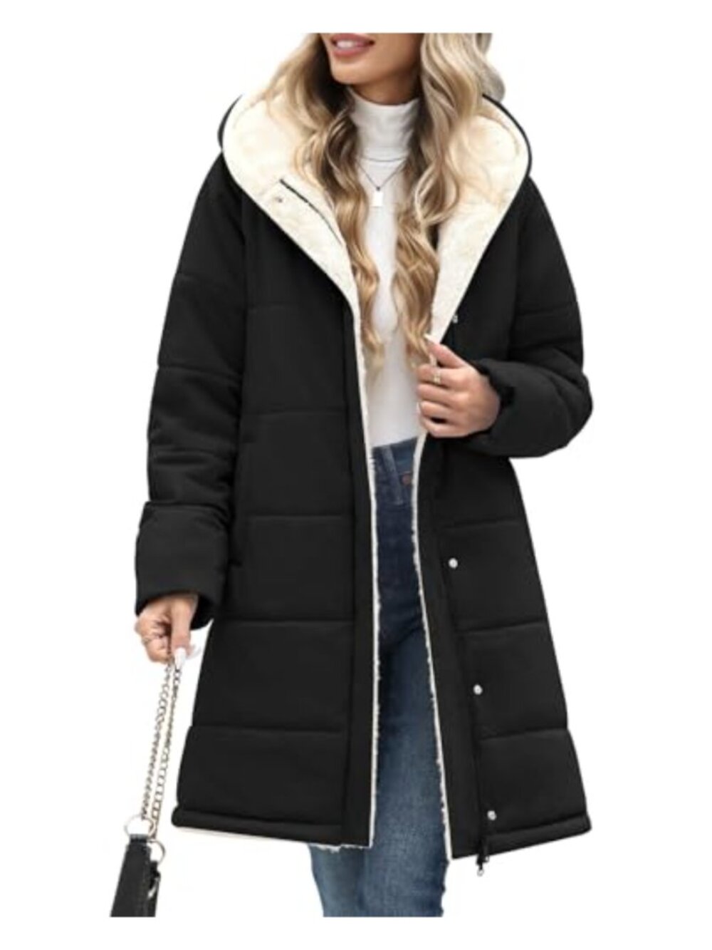 Sherpa Fleece Lined Puffer Jacket Mid-Length Hooded Winter Coat